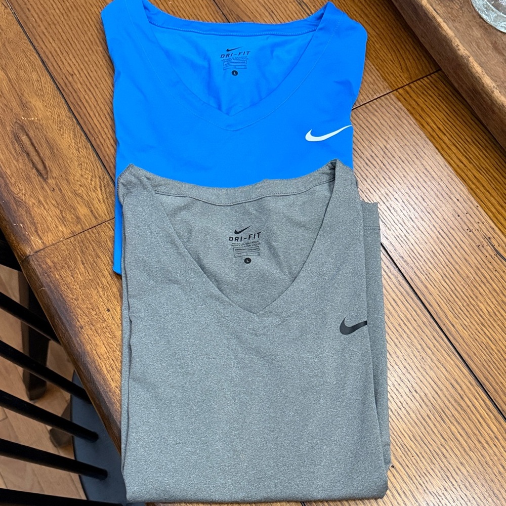 Nike Dri-FIT V-Neck Tops — Blue & Gray